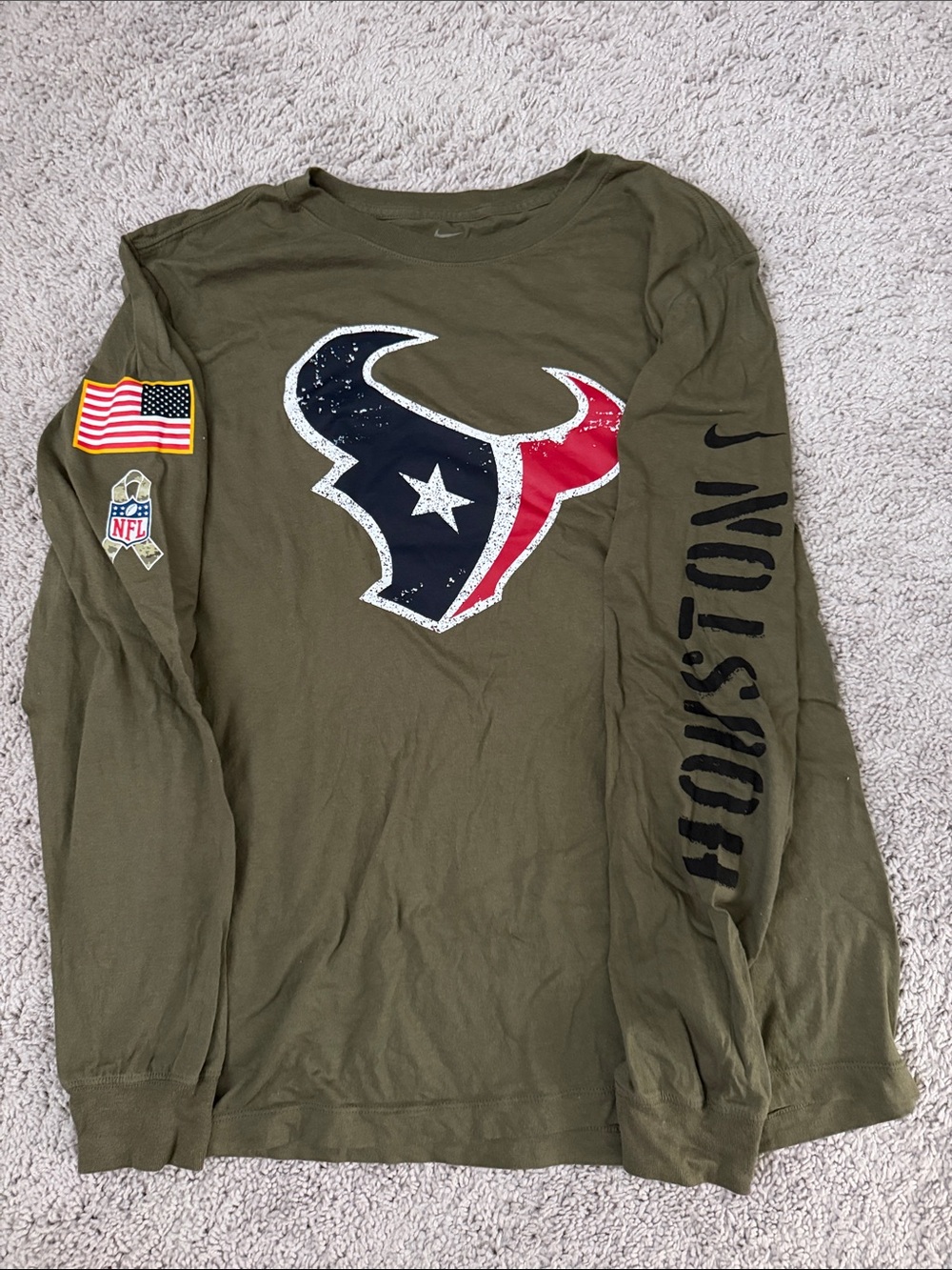 Nike Olive Houston Texans Long Sleeve Tee with Team Logo Salute to Service
